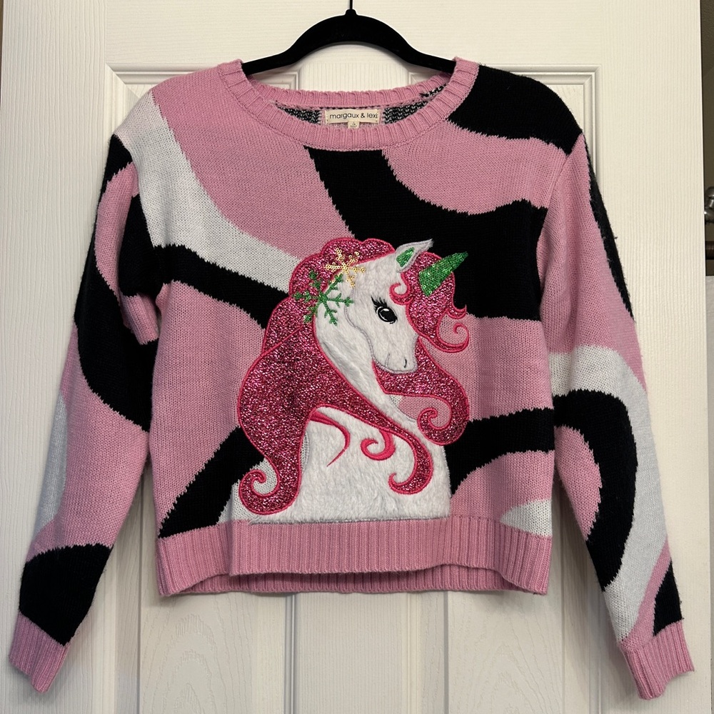 💖 Margaux & Lexi Pink Unicorn Sweater NWT Faux Fur & Sequins Girls L (14)